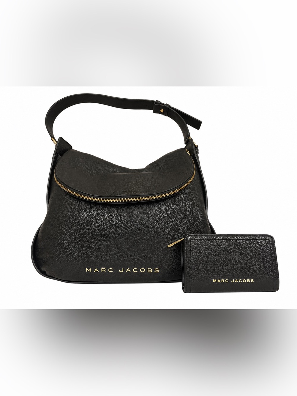 Marc Jacobs Black Pebbled Leather Hobo Shoulder Bag + Matching Wallet Gold Hardw